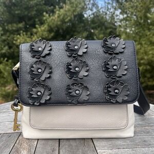 Fossil Crossbody Bag Leather Black Cream Floral Appliqué Key Charm Shoulder Bag